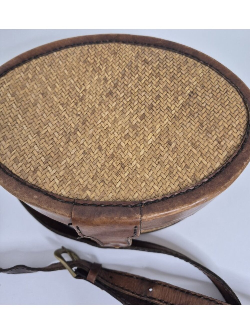 VTG Brown Island Imports Inc. Oval Woven Shoulder Bag With A Leather Strap